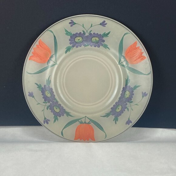 Hand Painted Glass Serving Plate Orange Purple Flowers - Picture 2 of 9